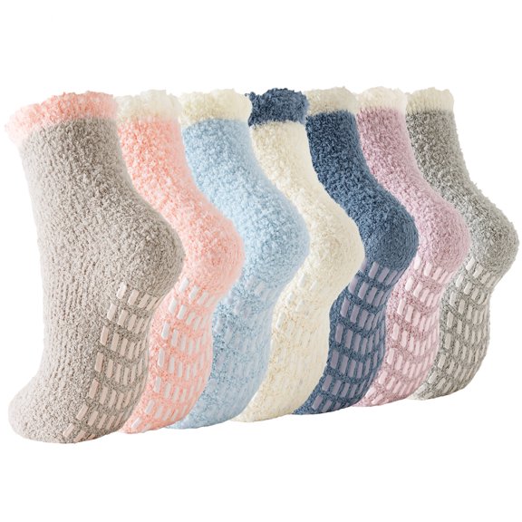 Yawlsow 7 Pairs Fuzzy Socks for Women, Non Slip Fluffy Socks with Grips, Soft Warm Cozy Winter Slipper Socks for Home Sleeping Hospital,US Size 5-10