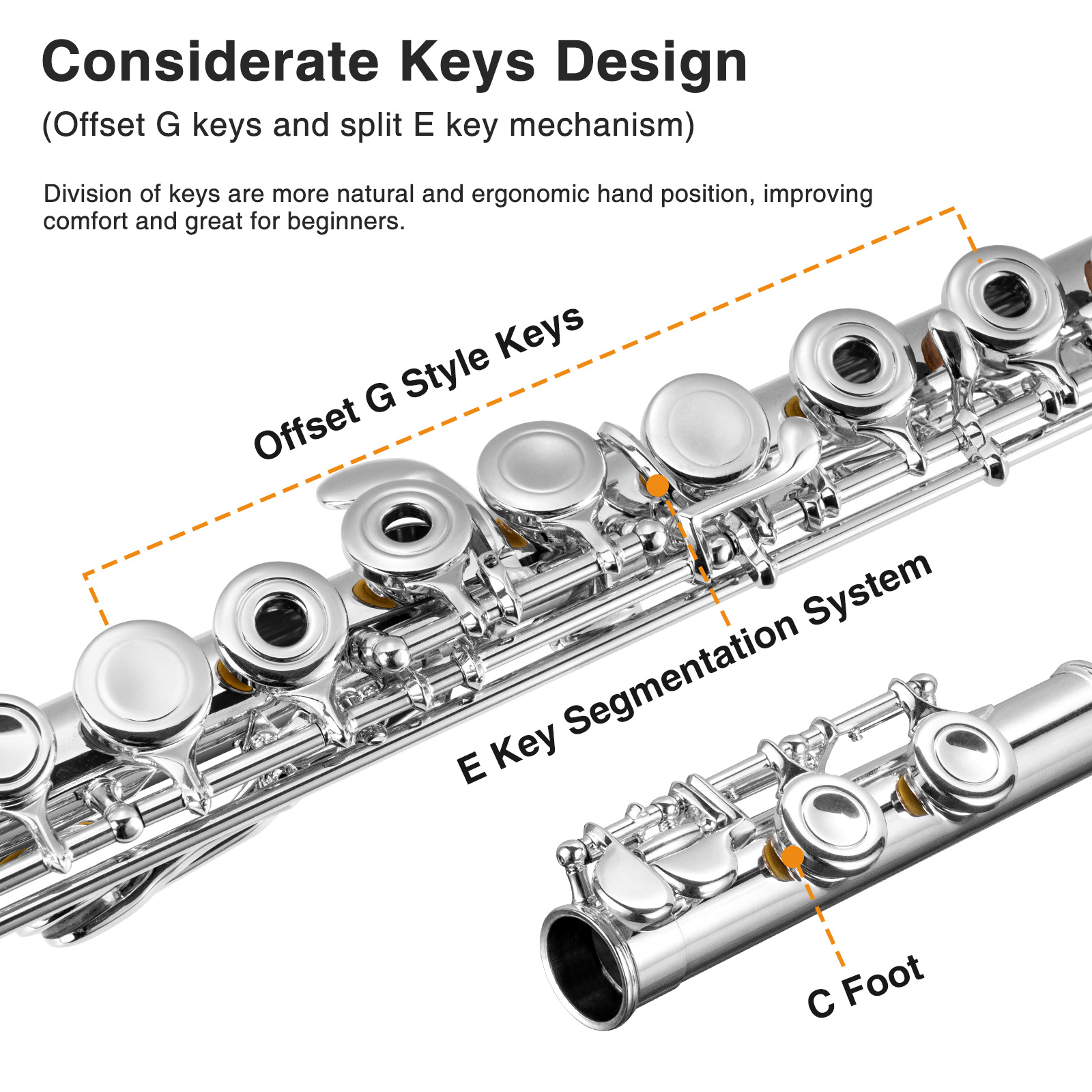 POGOLAB Open Hole C Flute Silver Plated 16 Keys Flute Instrument for Beginner Advanced Player Student Flute with Case Strap Probe Rod Gloves Grease Adjustment Screwdriver Cleaning Kit