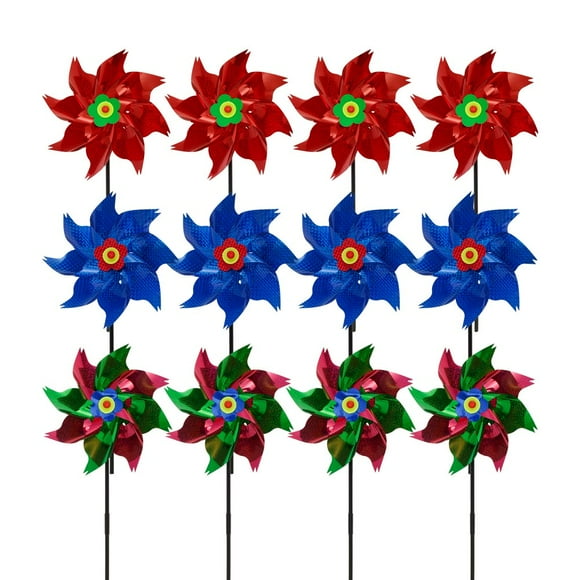 12Pcs Reflective Pinwheels 9.8in Waterproof Sparkly Pinwheel with 8 Pages Lightweight Scare Birds Wind Spinner Windmill for Garden Lawn Yard Silver