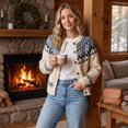 thumbnail image 4 of Women's Crew Neck Button Down Cardigan Sweater Fair Isle Snowflake Pattern Soft Knit Color Block Outerwear for Fall Winter, 4 of 7