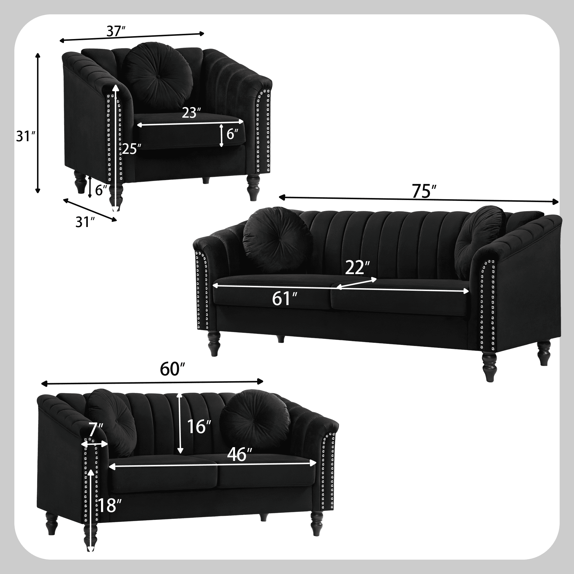 Aukfa 2 Pieces Sectional Sofa Couch Set, 21" Deep Seat Sofa for Living Room, 3 Seat Sofa, Loveseat,Black