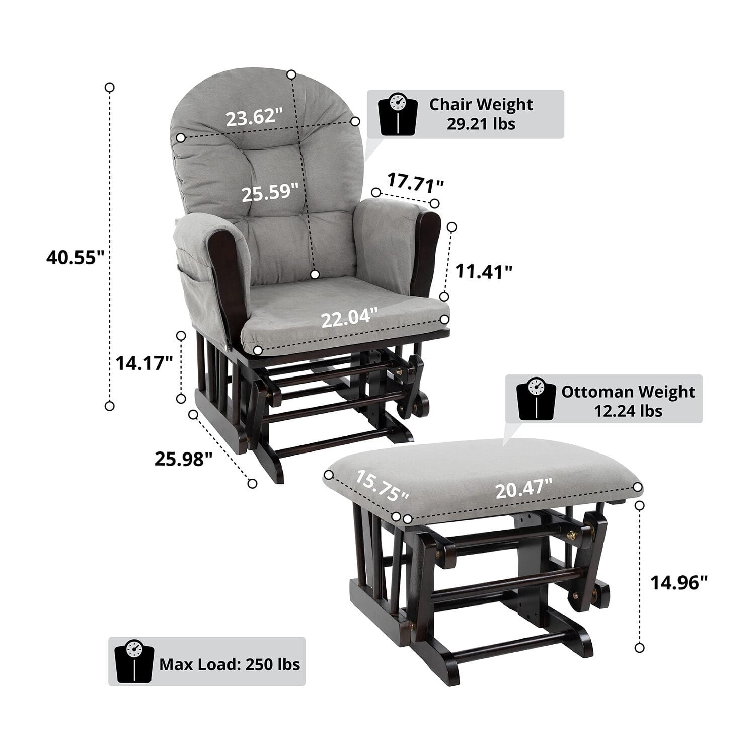 Brisbane Nursery Glider & Ottoman Set - Reclining Glider Rocker Chair for Breastfeeding, Maternity, & Comfort, White,Gray-Cushion Color:Dark Gray,Finish:Espresso