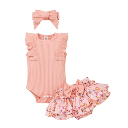 

XINSHIDE Infant Girls Sleeveless Ribbed Romper Bodysuits Ruffles Floral Printed Shorts Headbands Newborn Outfits Baby Girl Clothes