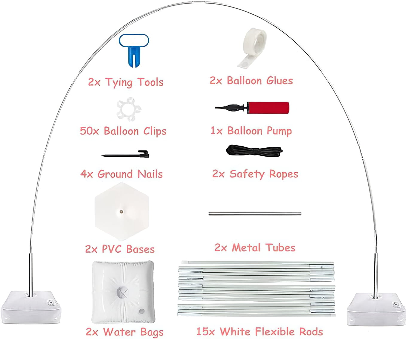 Upgraded Balloon Arch Stand Kit - PONAMFO Balloon Arch Frame with 15 White Rods, Steel Pipes, Balloon Pump and Water Fillable Base, Adjustable Height for Wedding Baby Shower Birthday Party Decoration