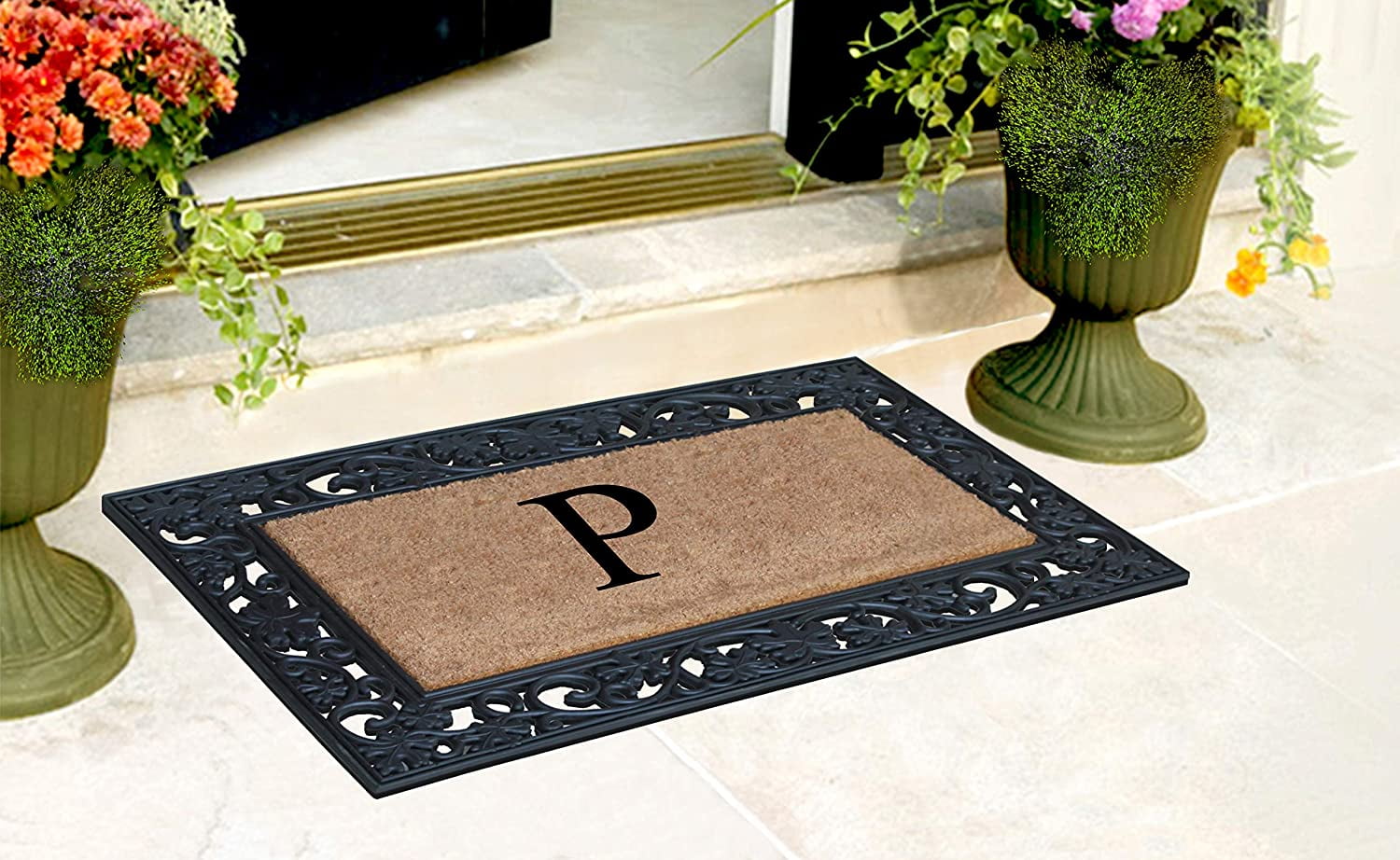 A1 Home Collections Rubber Coir Doormat Outdoor Entrance Floor Entryway Mat, Beige/Black, 23"x 38"