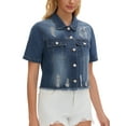 thumbnail image 2 of INSPIRE CHIC Short Sleeve Denim Jacket Button Up Ripped Frayed Cropped Jean Jacket L Blue, 2 of 6