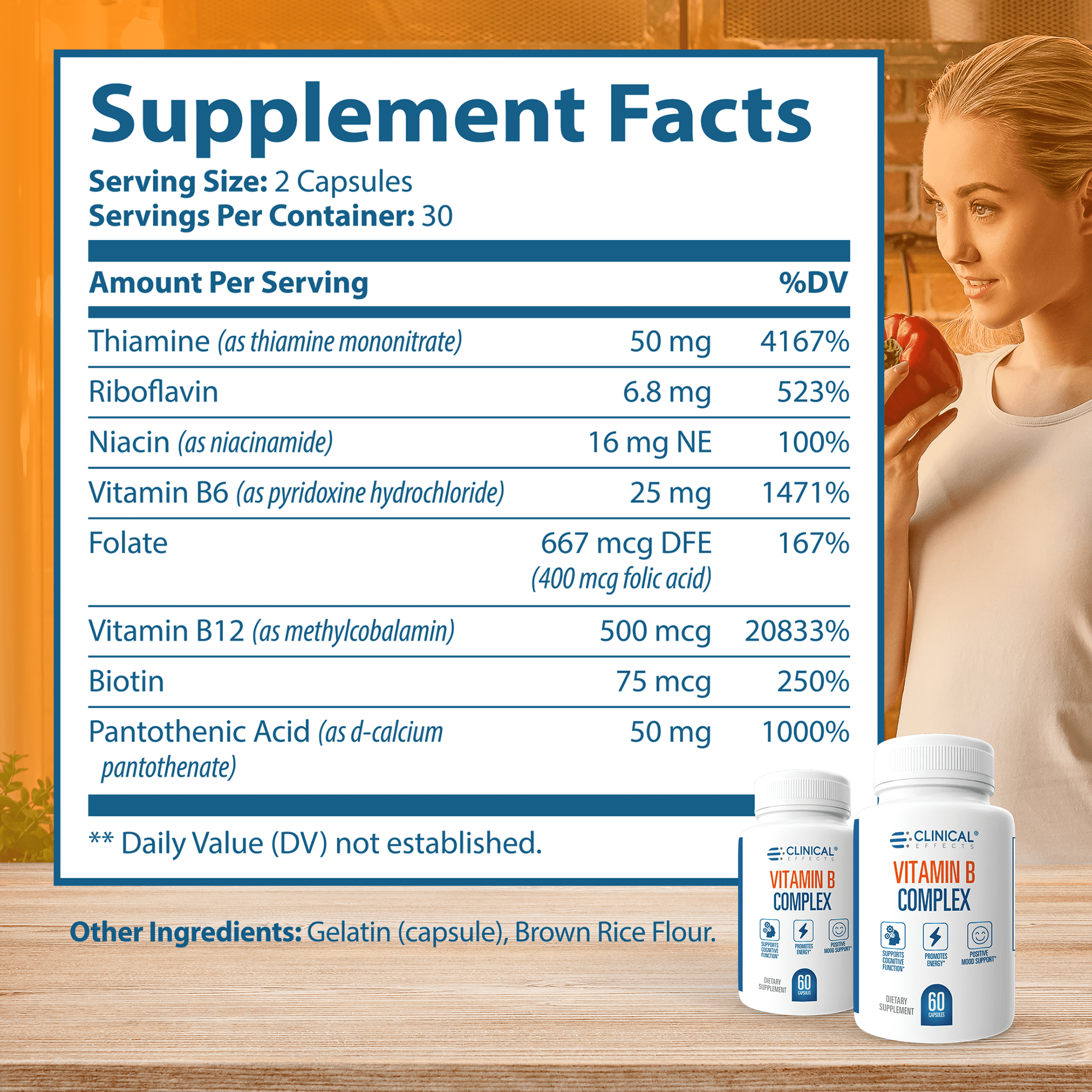 Clinical Effects Vitamin B Complex for Cognitive,  Energy and Mood Support - 60 Capsules - Made in The USA