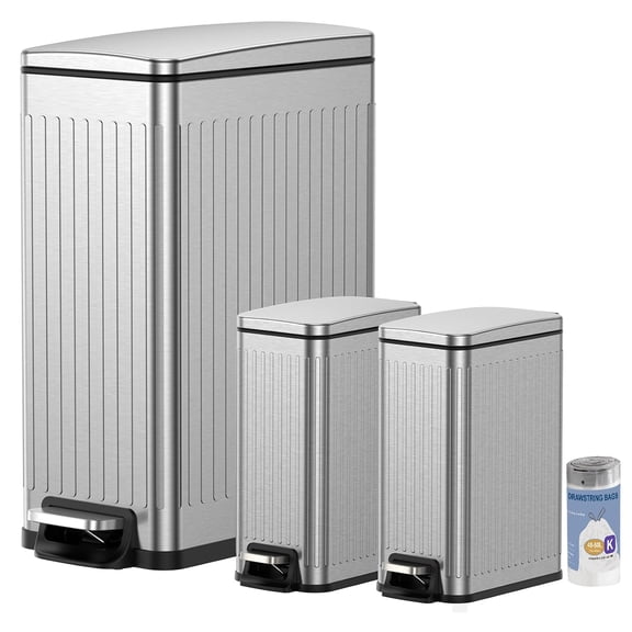 13 Gallon Kitchen Trash Can with Lid & 2-Pack 1.6 Gallon Bathroom Trash Can, 15 Bags, Silver Stainless Steel Emboss, Soft Close, Removable Inner Buckets