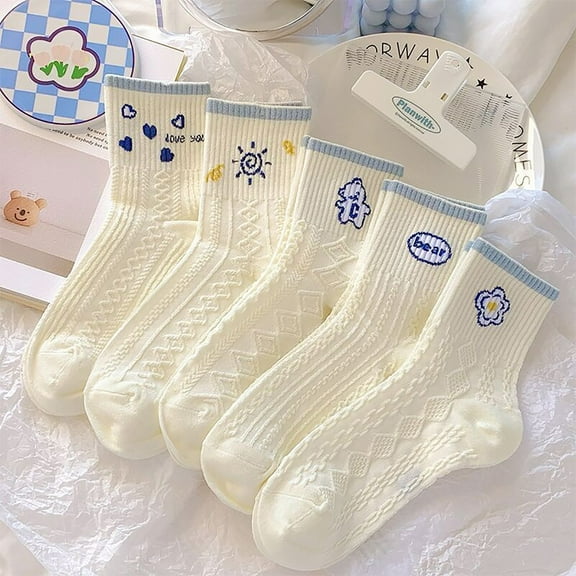 Baberdicy 5 Pairs Women's Mid-Crew Socks, Korean Style Cute Lace Ankle Socks for Spring Summer, Casual, School, Daily Fashion,Cyan Fits All – Gift Ready