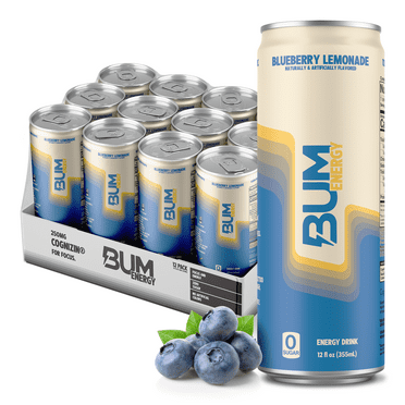 Raw Nutrition BUM Energy Drink, 112 mg Natural Caffeine, Blueberry Lemonade, 12 fl oz, 12 Pack
