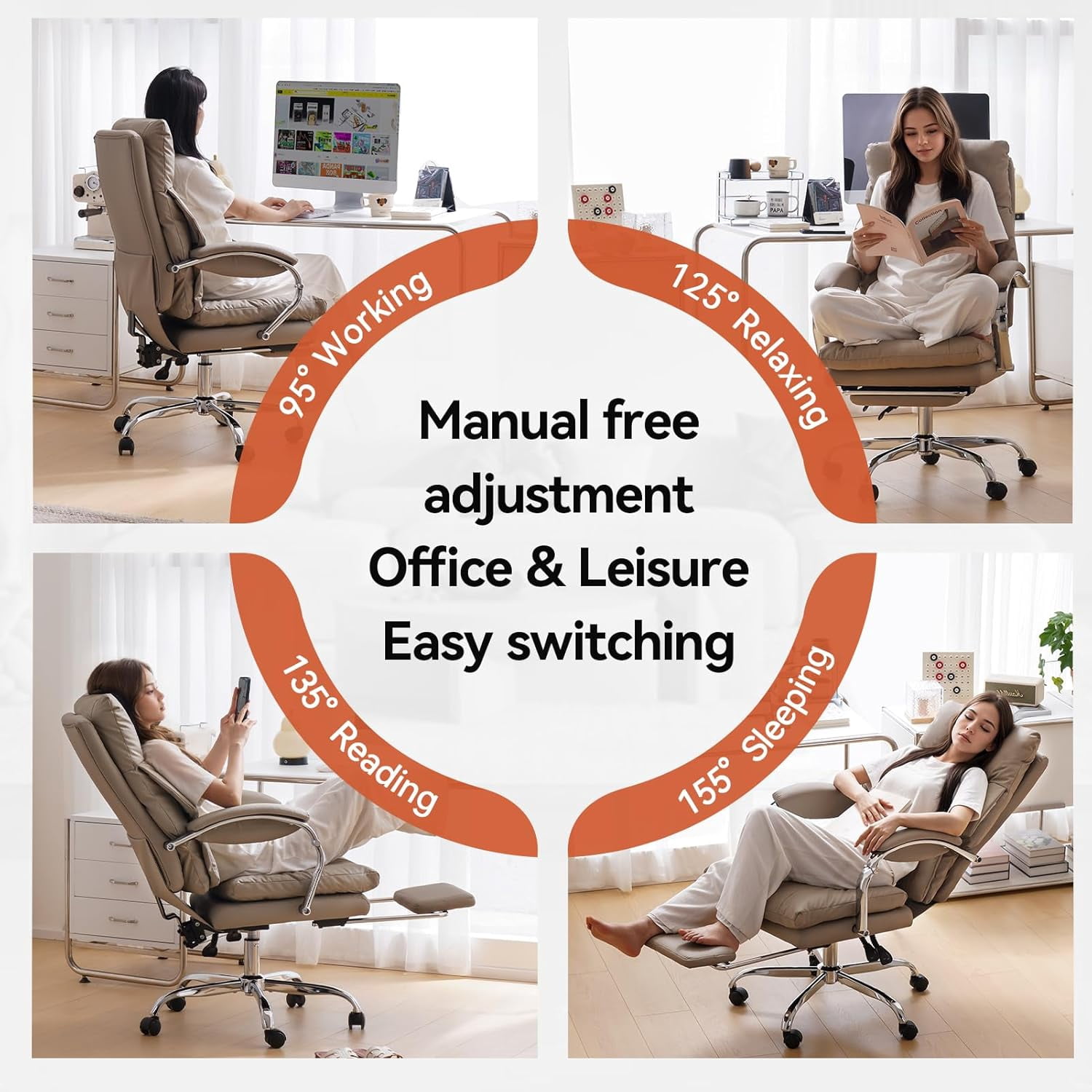 LEAGOO Reclining Office Chair with Foot Rest, Executive Office Chairs with Arms, Ergonomic High Back PU Leather Comfy Swivel Computer Desk Chairs with Wheels and Lumbar Support for Home Office, Khaki