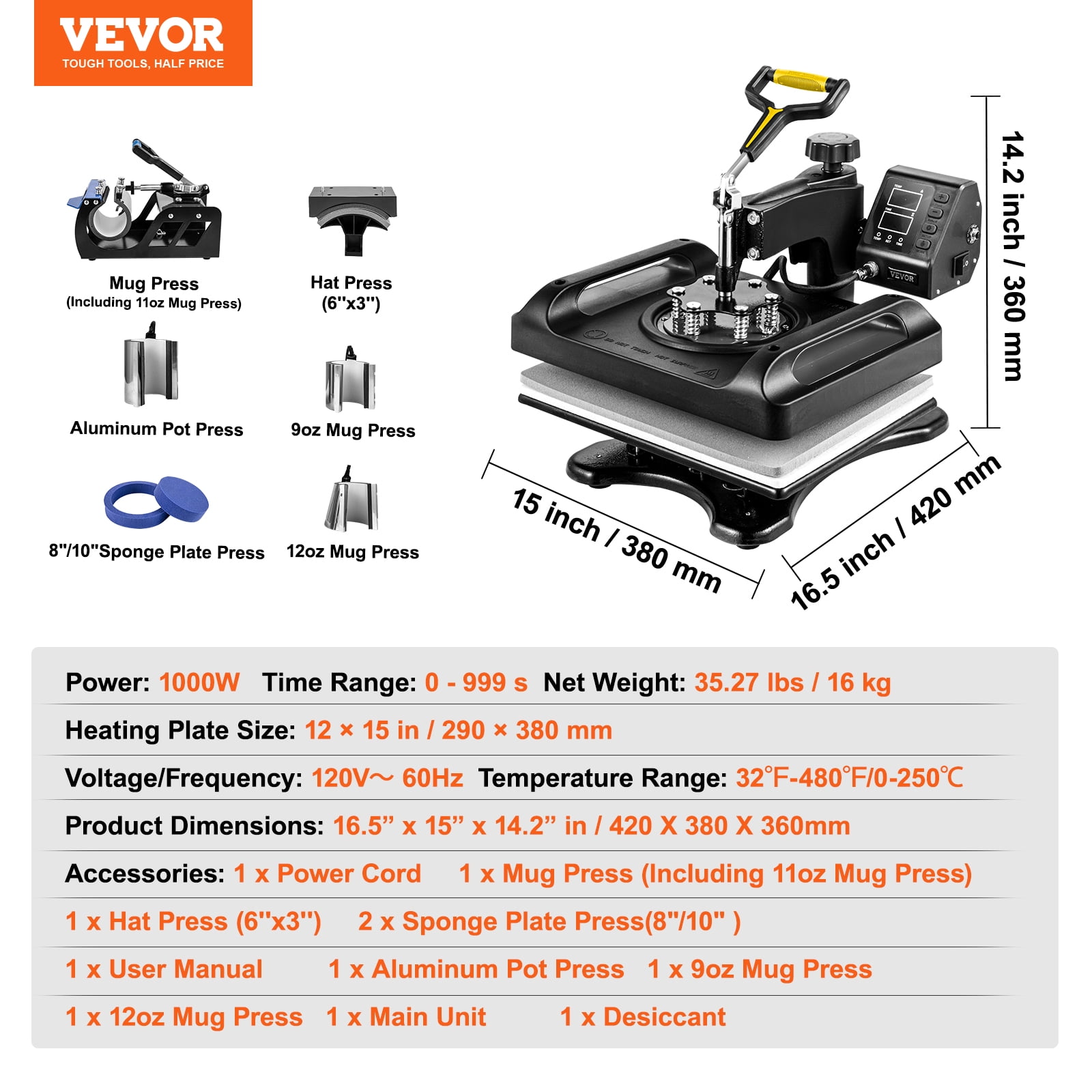 VEVOR Enhanced Heat Press Device, ETL Safety Certified, 12x15 inch, 8-in-1 Energy Efficient Combo, Versatile Sublimation with 360° Swivel