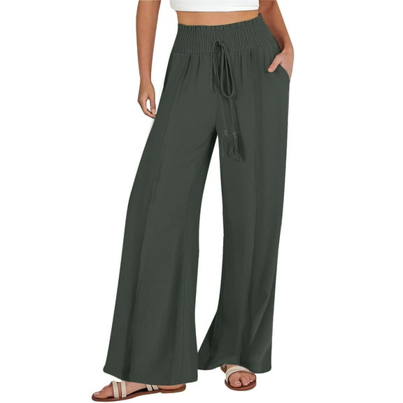 yunLCZ Pants for Women High Waisted Linen Pants Women Summer Wide Leg Pants Drawstring Elastic Waist Pants High Waisted Pants Casual Beach Trousers