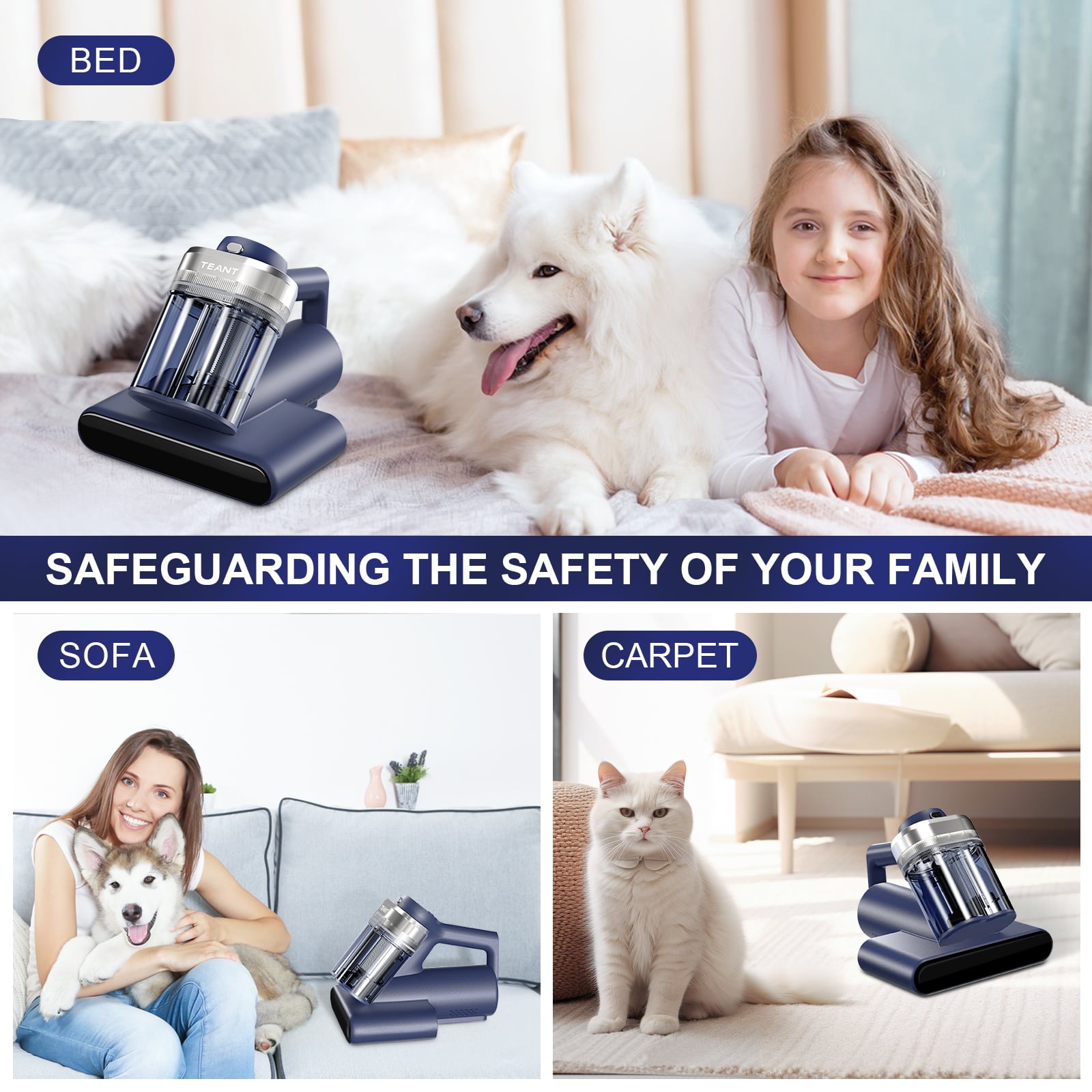 Teant Mattress Vacuum Bed Vacuum Cleaner with 253.7nm UV-C Light, Hyper Helix Motor with 16Kpa Strong Suction & 33000 RPM/Min Tapping, HEPA Filter,149℉ Heat & Ultrasonic & Anion for Bed and Pet
