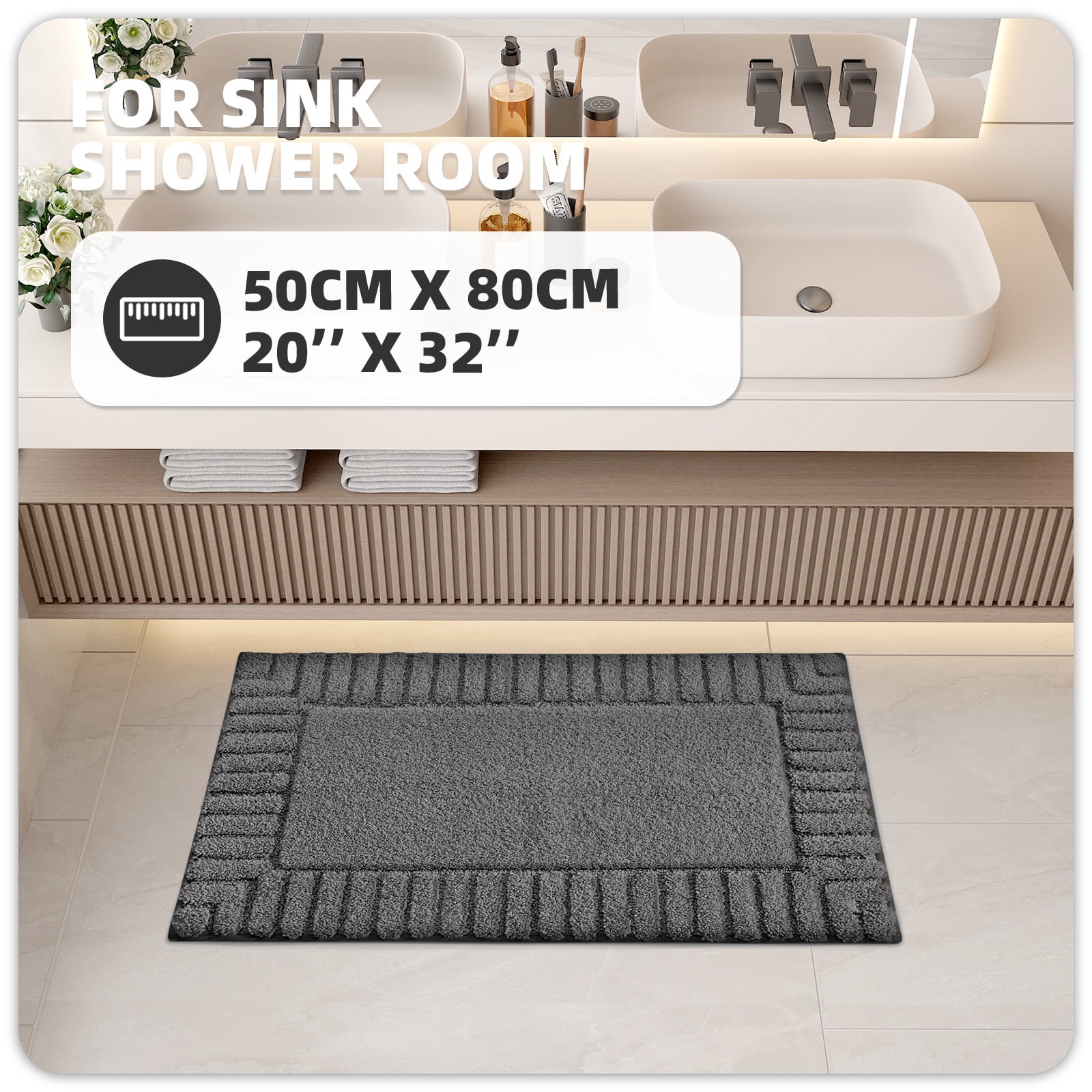 PABUBE Bathroom Rugs 20"x32", Absorbent Bath Mats Rugs for Bathroom Floor Non Slip Non Skid, Soft Shag Microfiber Machine Washable Shower Bath Mat for Bathroom Decor, Dark Gray