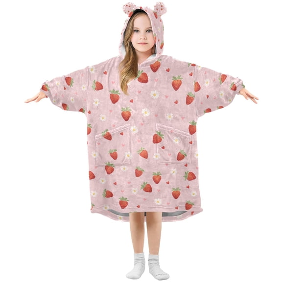 Wearable Blanket Hoodie for Strawberry Daisy Flannel Hooded Blanket with Pockets and Sleeves Suitable