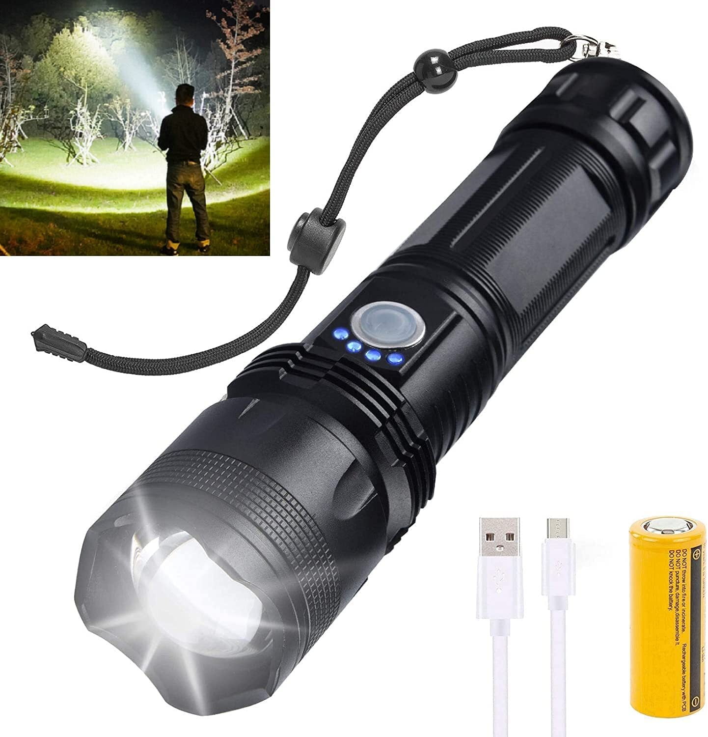 Flashlight LED High Lumen Rechargeable High-Powered Waterproof Camping Emergency Working Tactical Portable Outdoor Torch Handheld 4-In-1 Floodlight & Spotlight & SOS Light & Power Bank 10000 mAh