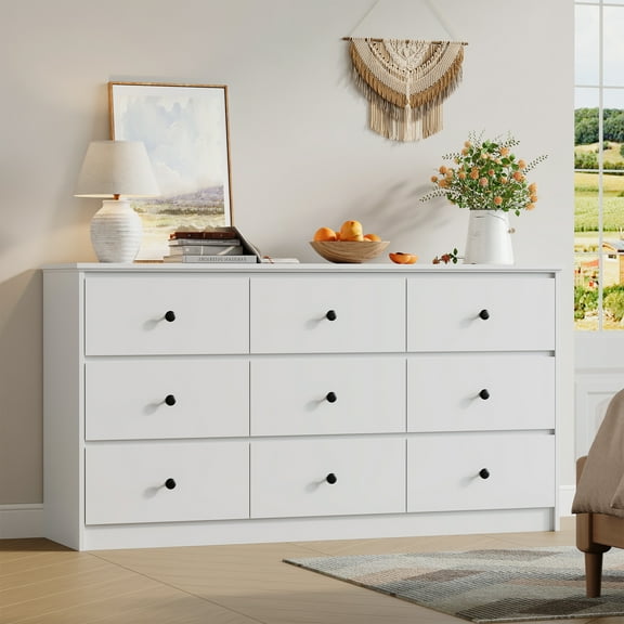 YouTrend 9 Drawer Dresser for Bedroom, White Wood Adult Dresser Cabinet with Metal Handles for Living Room, Hallway