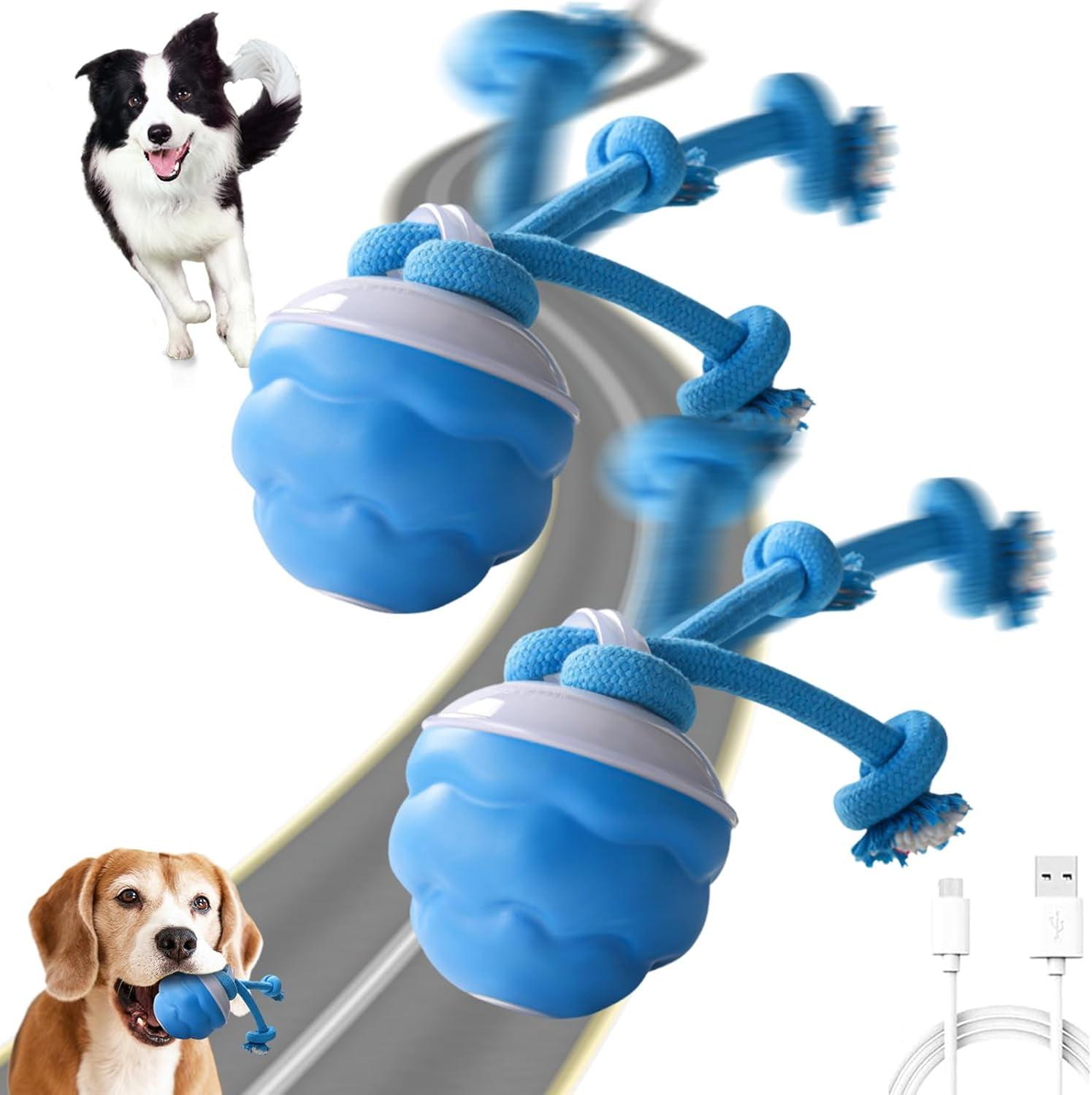 Interactive Smart Pet Puppy Ball with Ropes, Vibrating Squeaky Electric Balls for Dogs with Jumping Rolling Action, Automatic Moving Self Play Ball