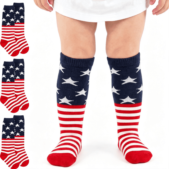 OQRKI 4Th of July Socks American Flag Baby Knee High Socks,U.S.A Red White and Blue Sock Soccer Start Socks Toddle Kids Toddle Kids American Flag Socks Kids