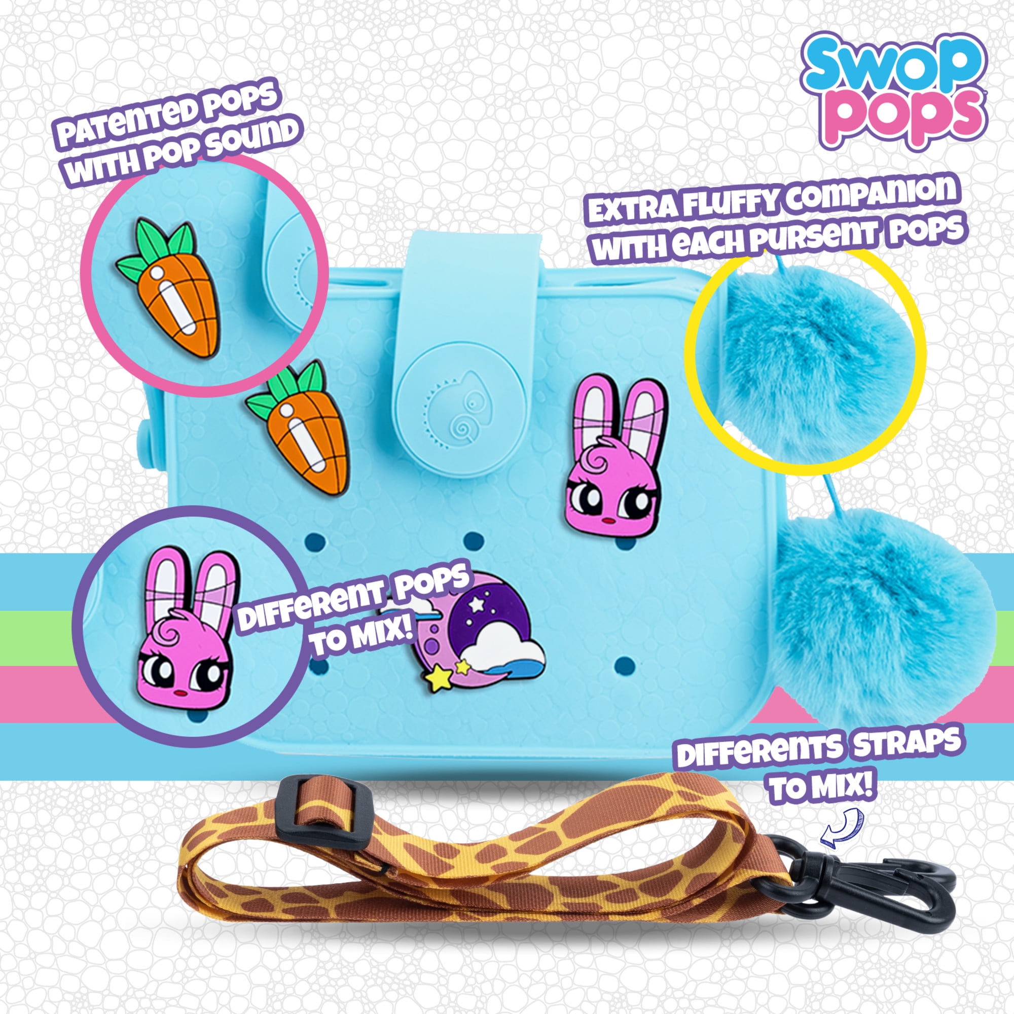 Swop Pop Ultimate Coin Purse Set - Kids Fashion Purse with Changeable Pops, Badges, Strap, Fluffy Pompom - Mix & Match Dress Up Bag for Girls with Interactive Pop Sound, Kid's Birthday Gift 6+ (Blue)