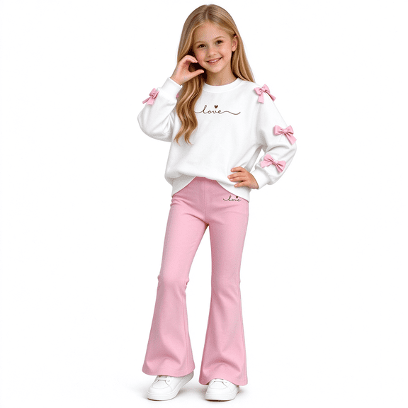 BXJX Girls Outfit Sets 2 Piece Size 10-12, Bow Decor Spring Fall Crew Neck Long Sleeve Kids Sweatshirts and Flare Pants Sets Beige