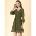 thumbnail image 4 of Vestido De Gasa Fluido Sólido Con Cintura Elástica Con Cuello En V Y Manga 3/4 Para Mujer Marrón verde XL, 4 of 6