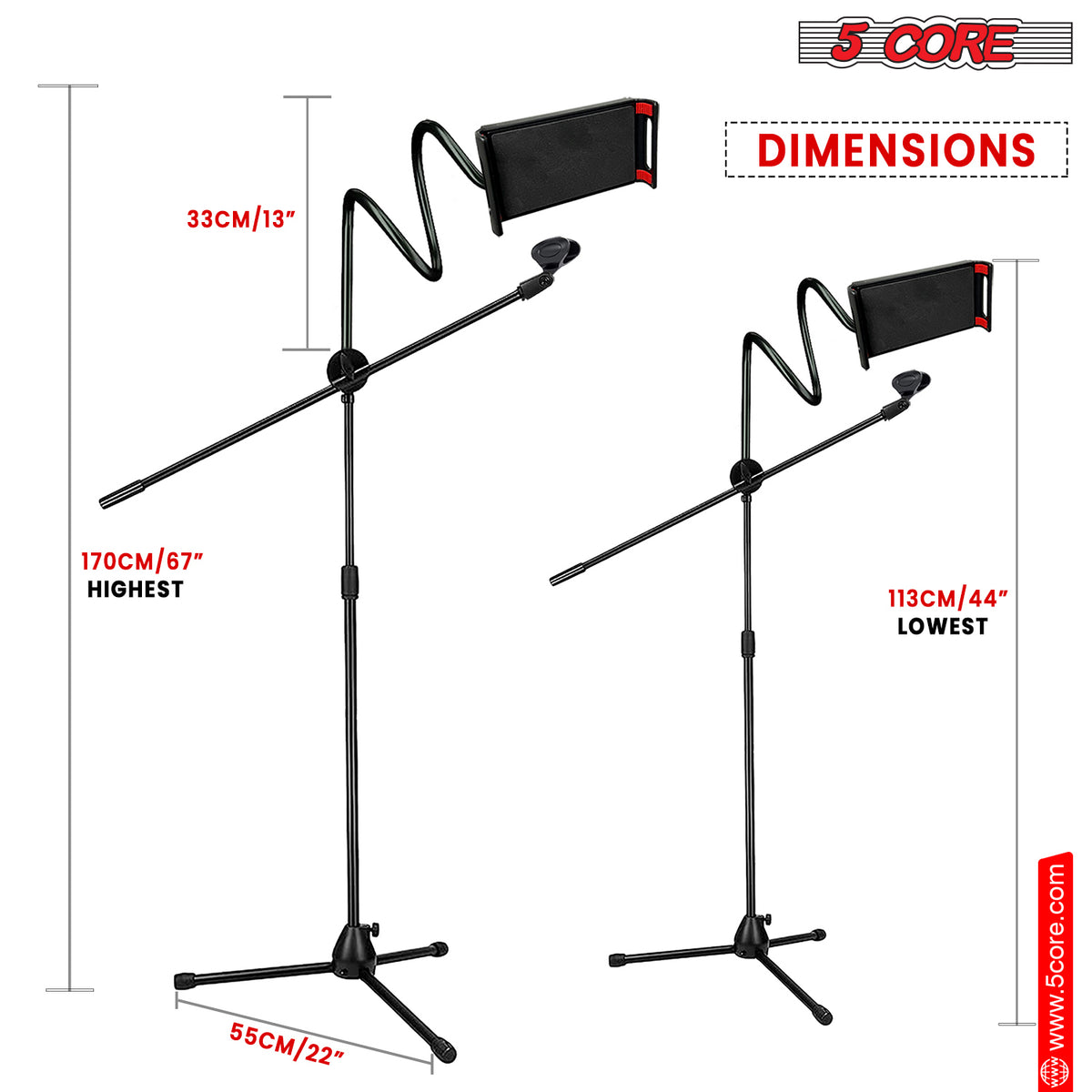 5 Core Mic Stand Pair with Tablet and Phone Holder, Adjustable Gooseneck Microphone Stand, Collapsible Tripod Boom Mic Stand With Mic Clip Holder & Phone Clamp for Singing, Karaoke, Studio MS MOB 2PCS