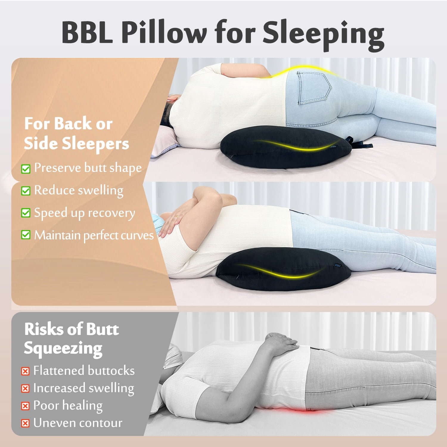 BBL Pillow After Surgery for Sleeping and Sitting, Hip Support Cushion for Brazilian Butt Lift Recovery, Black