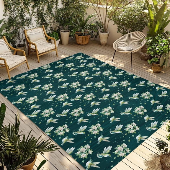 Green Summer Botanical Outdoor Rug for Patio/Deck/Porch, Non-Slip Large Area Rug 4 x 6 Ft, Spring Floral Birds Farmhouse Indoor Outdoor Rugs Washable Area Rugs, Reversible Camping Rug Carpet Runner