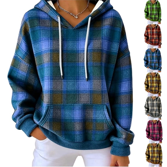 MexChoioe Womens Hooded Sweatshirt Fall Plaid Drawstring Long Sleeve Hoodies Daily Comfortable Relaxed Pullover for Women