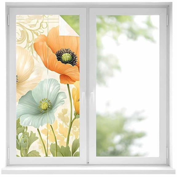 Vintage Poppy Window Privacy Film Orange Blue Yellow Floral Watercolor Flowers Decorative Glass Window Film UV Blocking Static Cling Non-Adhesive Sticker Covering for Home Door 17.7 x 39.3 inches