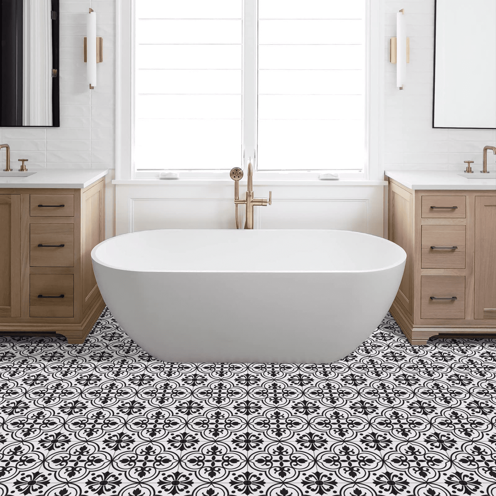 (3 pack) Abyssaly Peel and Stick Floor Tile 11.8" x 11.8" 10 Pcs Black and White Flower Floor Vinyl Flooring Waterproof DIY Flooring for Bathroom, Kitchen, Bedroom, Living Room