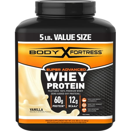 Body Fortress Super Advanced Whey Protein Powder, Vanilla, 60g Protein, 5lb,