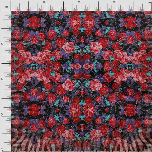 Soimoi Polyester Crepe Fabric Leaves & Rose Panel Decor Fabric Printed Yard 52 Inch Wide