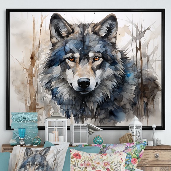 Designart "Blue-Grey Wolf'S Minimal Expression I" Animals Wolf Floater Framed Canvas Wall Art