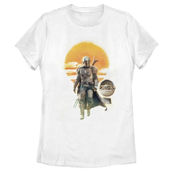 Women's Star Wars: The Mandalorian The Child and Mando Walking Sunset  Graphic Tee White Large