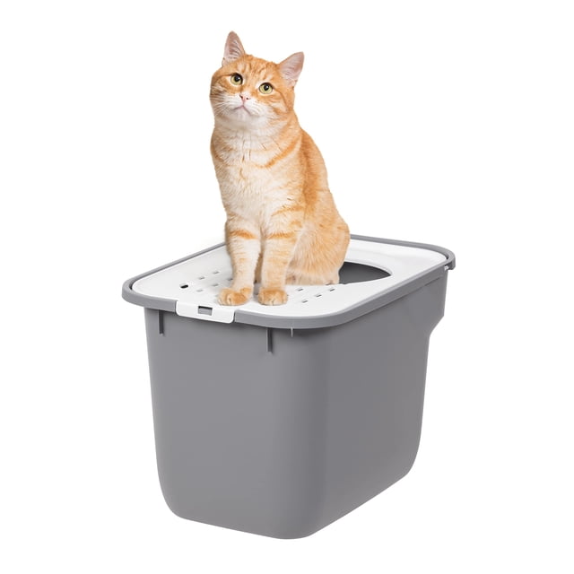 Caja de arena para gatos IRIS USA con entrada superior grande, gris y blanco