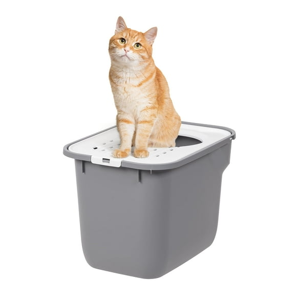 Caja de arena para gatos IRIS USA con entrada superior grande, gris y blanco
