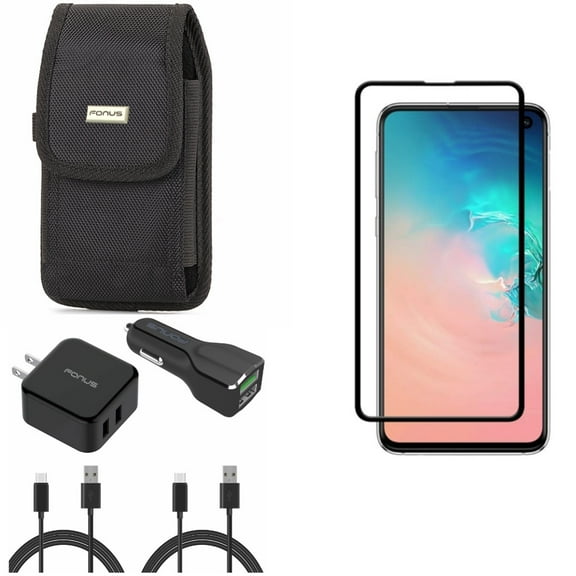 Galaxy S10e Case Belt Clip w Fast Home Car Charger w Screen Protector - Rugged Holster Canvas, USB Cable Type-C 6ft Long, Tempered Glass 5D Curved Edge for Samsung Galaxy S10e Phone