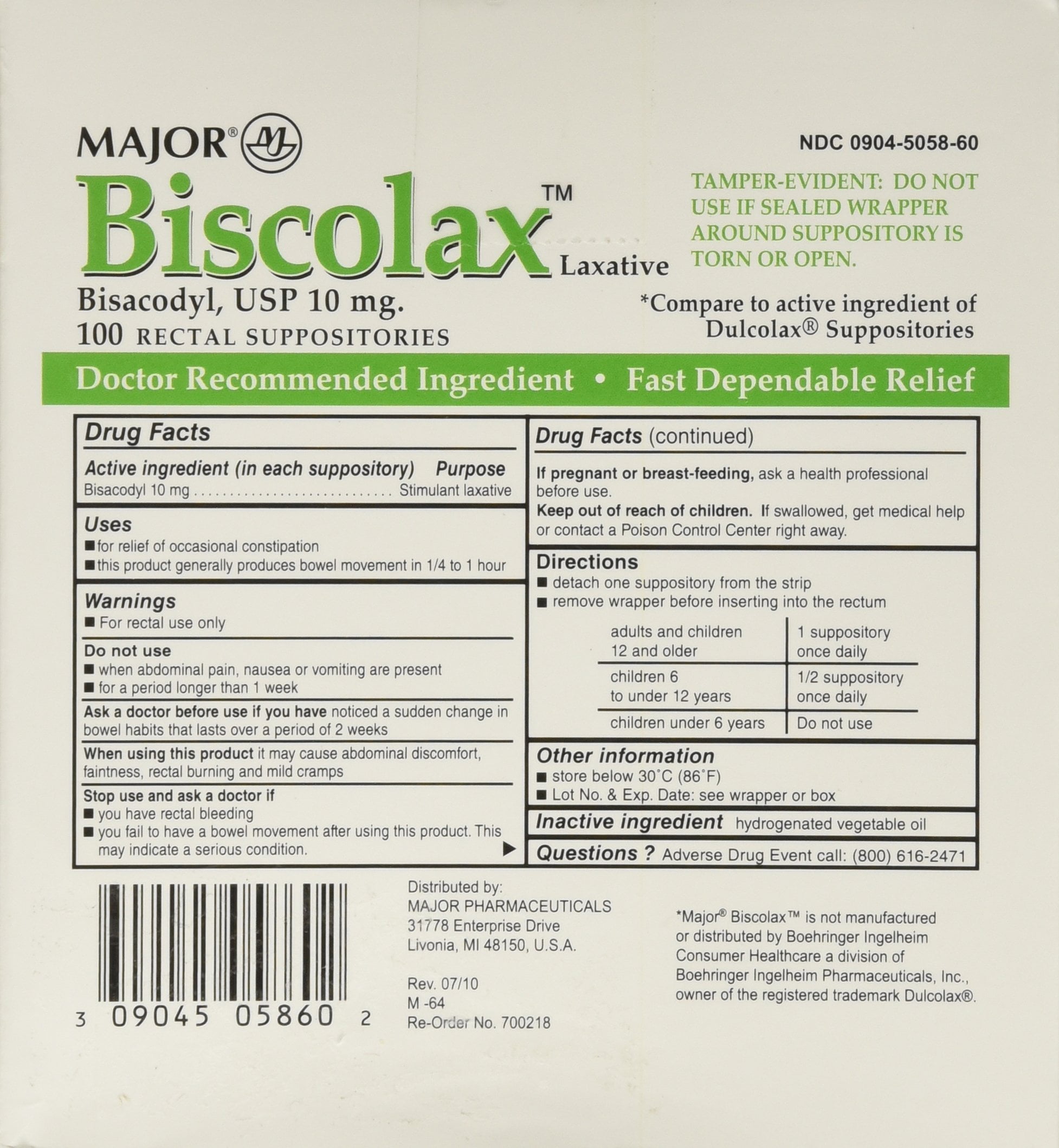 Major ® Bisacodyl Medicated Suppositories 100 ct