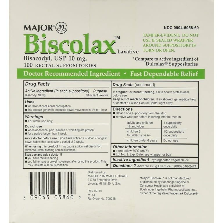 Dulcolax (Bisacodyl 10 mg) Suppositories – to relieve occasional  constipation – Pack of 6 Dulcolax