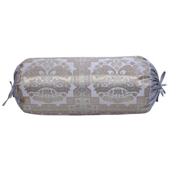 Stylo Culture Indian Decorative Brocade Bolster Pillow Cover Grey Gold Floral Jacquard Weave Round Yoga Pillow Traditional Elephant Cylindrical Cushion Cover - (76x38 cm) | 1 Pc (Cover Only)