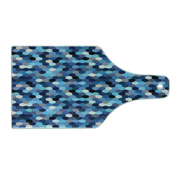 Abstract Cutting Board, Beecomb Like Rectangular Blurry Geometrical Image in Blue Tones and White Art, Decorative Tempered Glass Cutting and Serving Board, Wine Bottle Shape, Multicolor, by Ambesonne