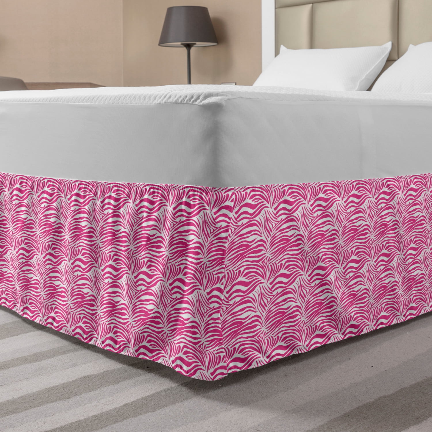 Zebra Print Bed Skirt, Striped Zebra Animal Skin Pattern in Vivid Color Fun Artwork Print