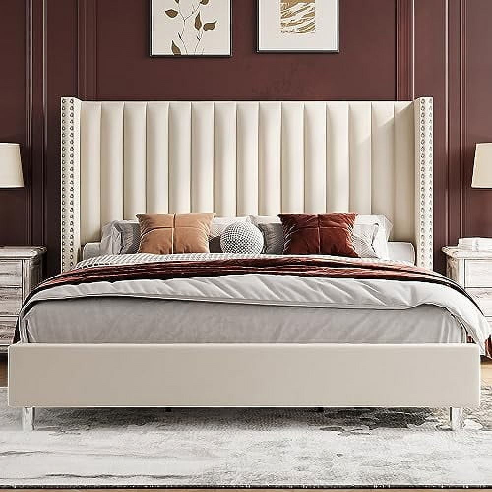 VanAcc King Bed Frame and Headboard Upholstered Wingback Bed with Vertical Channel Tufted Velvet/No Box Spring Needed/Easy Assembly/Cream