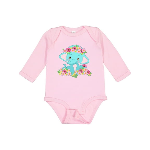 Inktastic Cute Baby Elephant with Flowers Boys or Girls Long Sleeve Baby Bodysuit
