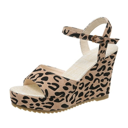

GNEIKDEING Spring And Summer Wedge Heel Fish Mouth Women Sandals High Heel Peep Toe Leopard Print Gift on Clearance