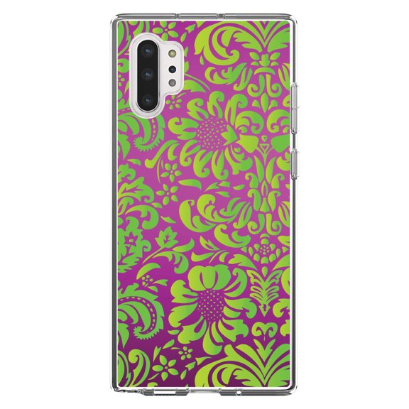 DistinctInk Clear Shockproof Hybrid Case for Galaxy Note 10 PLUS (6.8" Screen) - TPU Bumper, Acrylic Back, Tempered Glass Screen Protector - Purple Green Floral Pattern