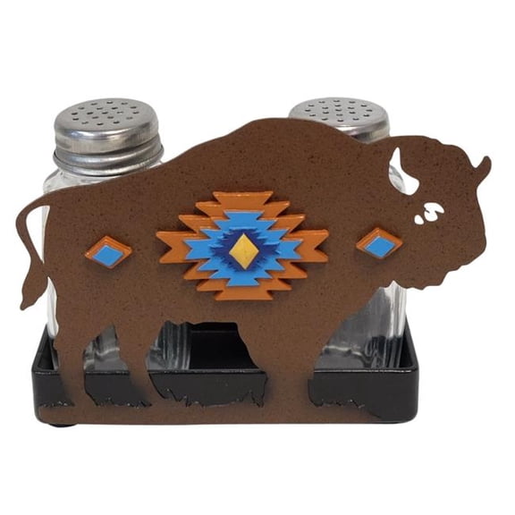 De Leon Collections 14145 Metal Pecos Native Tribal North American Bison Buffalo Salt and Pepper Shaker Holder Set